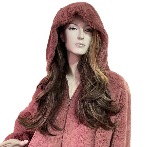 STYLE & CO. WOMENS HOODED ZIPPER FRONT JACKET FAUX FUR  DUSTY ROSE SIZE   L-XL - Picture 2 of 8